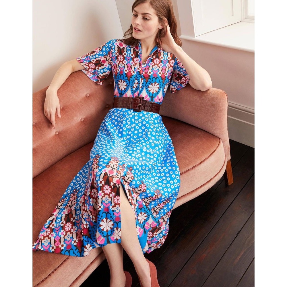 Boden Size US 10P Blue Pink Retro Floral Print Short Sleeve Midi Dress